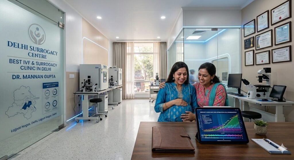Fertility specialists evaluating embryo quality parameters to optimize the surrogacy success rate in Delhi at Delhi Surrogacy Centre.