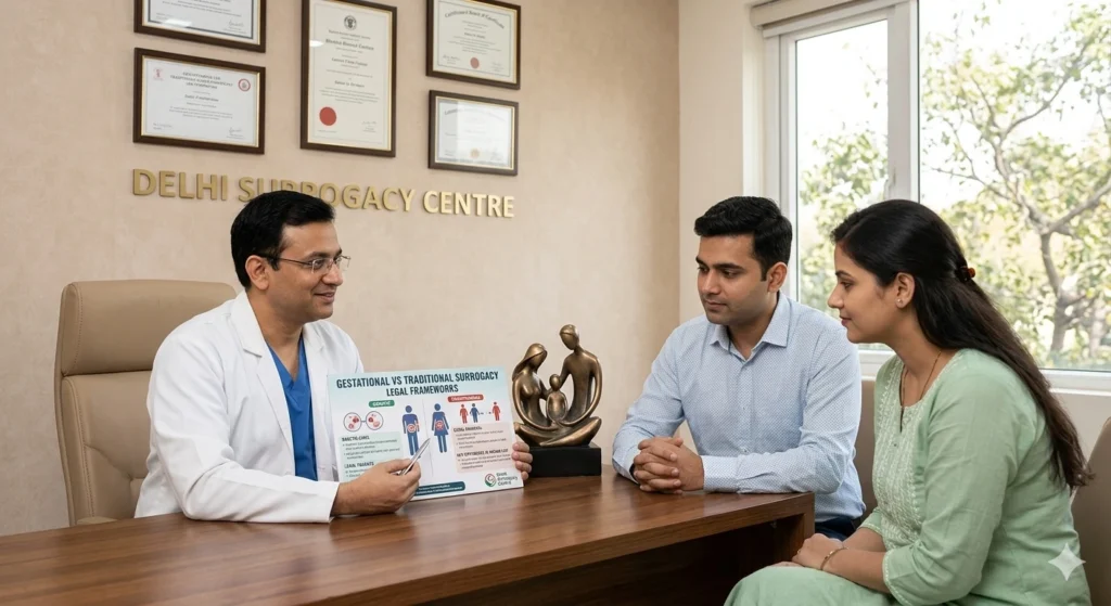 Dr Mannan Gupta explaining gestational surrogacy vs traditional surrogacy legal frameworks in India at Delhi Surrogacy Centre.