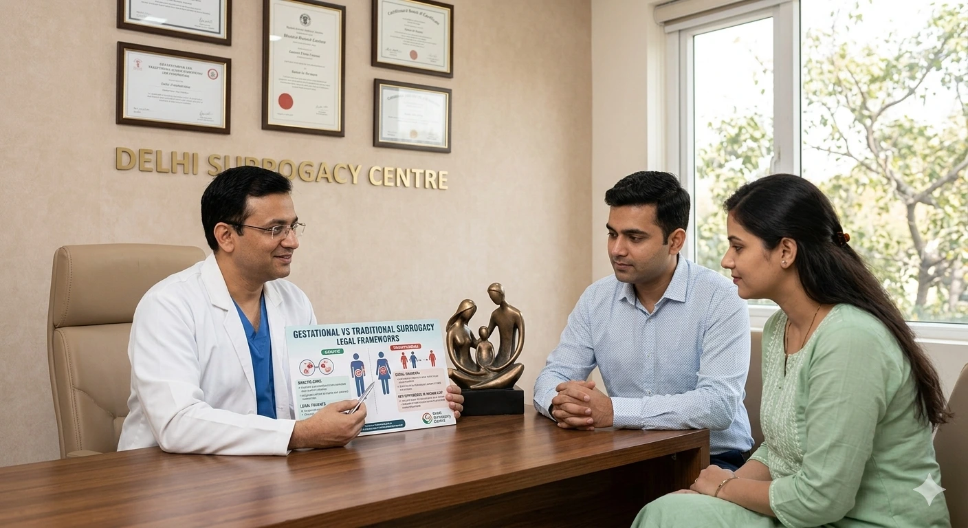 Dr Mannan Gupta explaining gestational surrogacy vs traditional surrogacy legal frameworks in India at Delhi Surrogacy Centre.