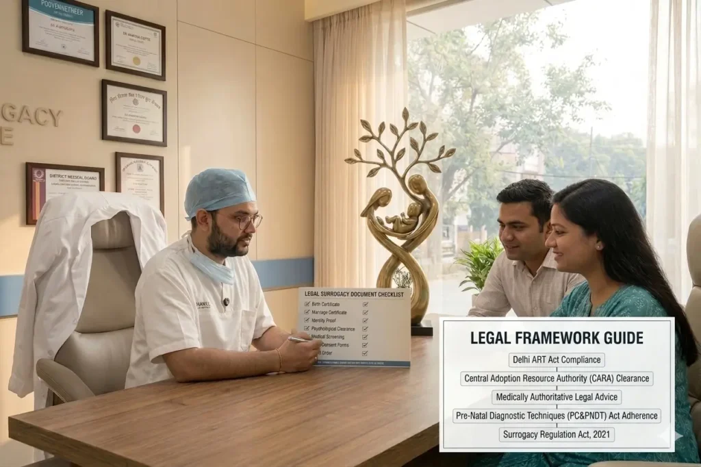 Dr Mannan Gupta at Delhi Surrogacy Centre in Lajpat Nagar reviewing mandatory surrogacy documentation in India.