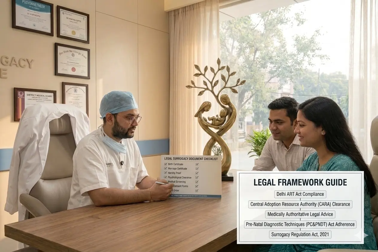 Dr Mannan Gupta at Delhi Surrogacy Centre in Lajpat Nagar reviewing mandatory surrogacy documentation in India.