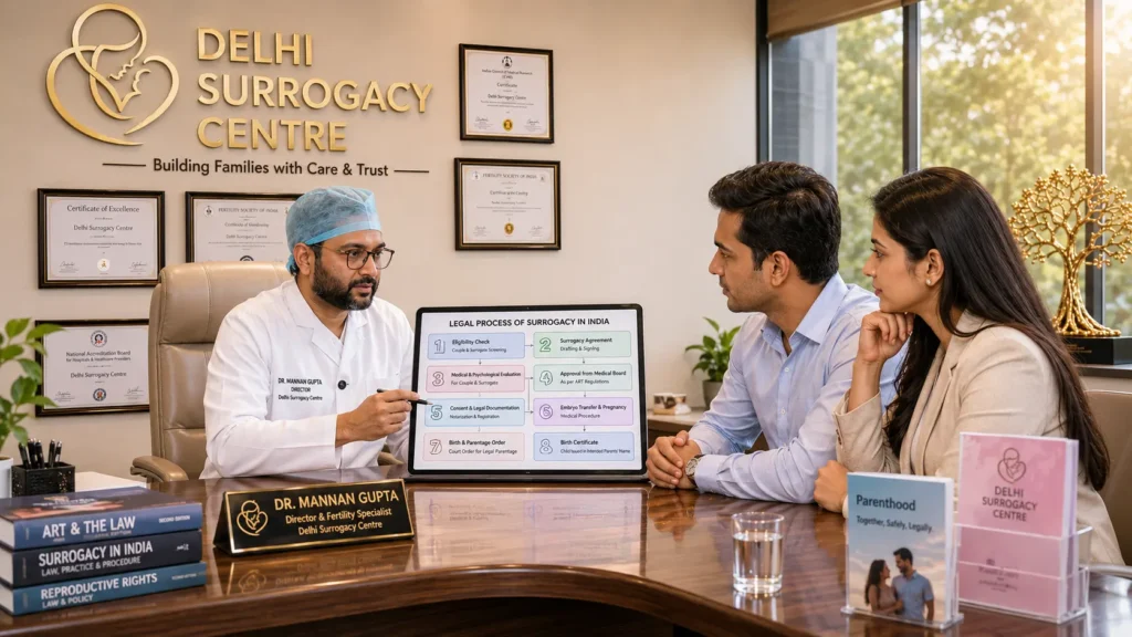 Intended parents understanding the legal process of surrogacy with documentation files at Delhi Surrogacy Centre