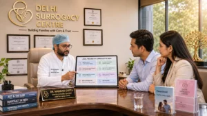 Intended parents understanding the legal process of surrogacy with documentation files at Delhi Surrogacy Centre