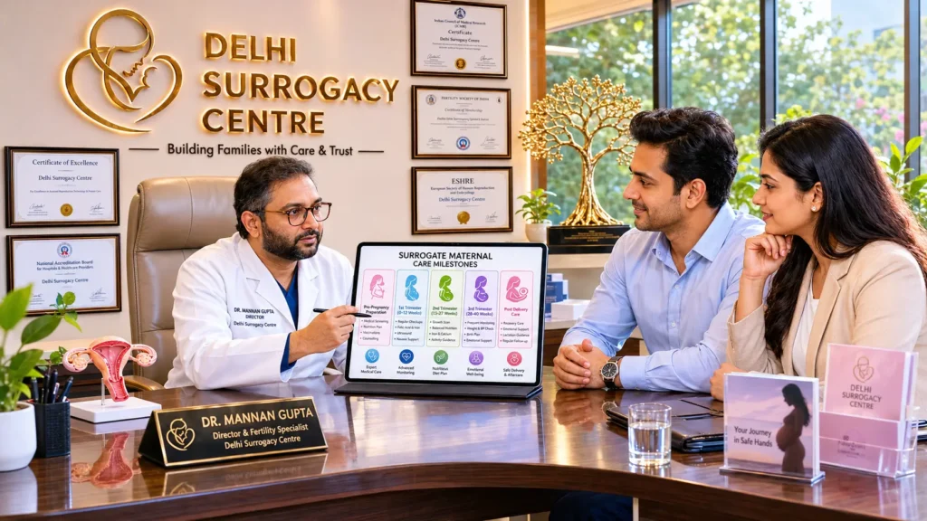 Clinical team explaining surrogate mother ki dekhbhal protocols to an intended couple at Delhi Surrogacy Centre