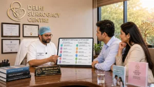 Clinical expert explaining surrogacy aur IVF mein antar to an intended couple at Delhi Surrogacy Centre